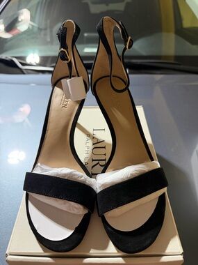 “New” Lauren Ralph Lauren ALLIE Black Suede Open-Toe Ankle-Strap Heels size7